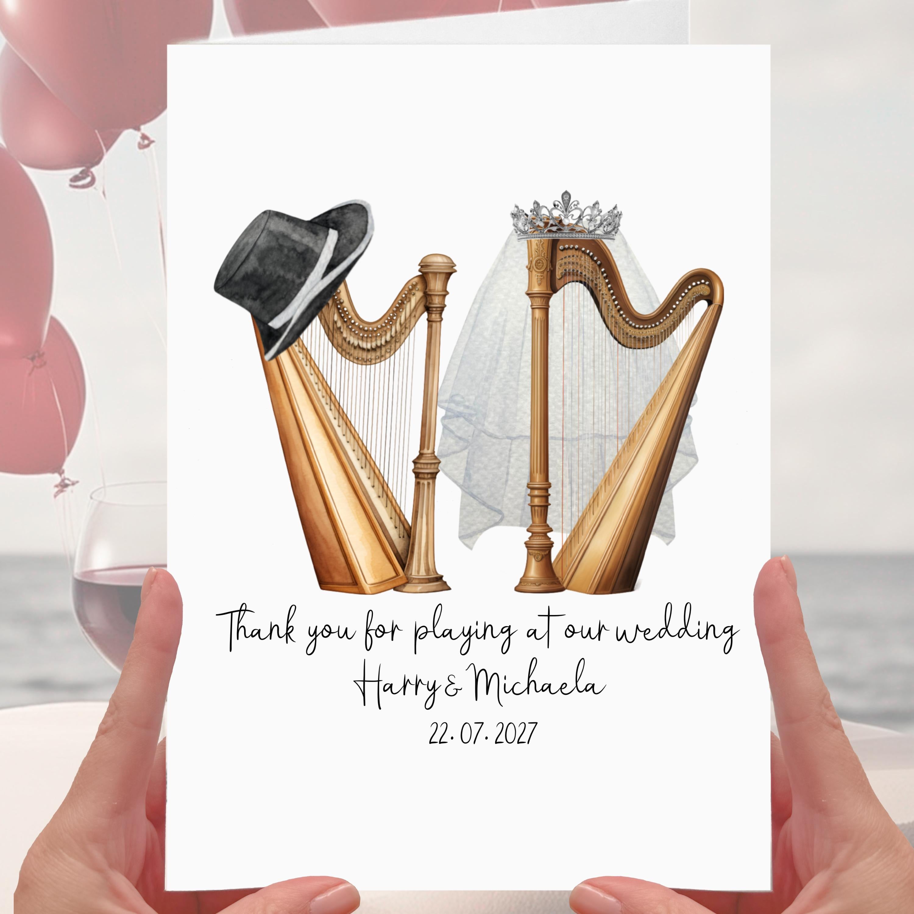 Wedding Harpist Thank you Card Personalised Harp Musician