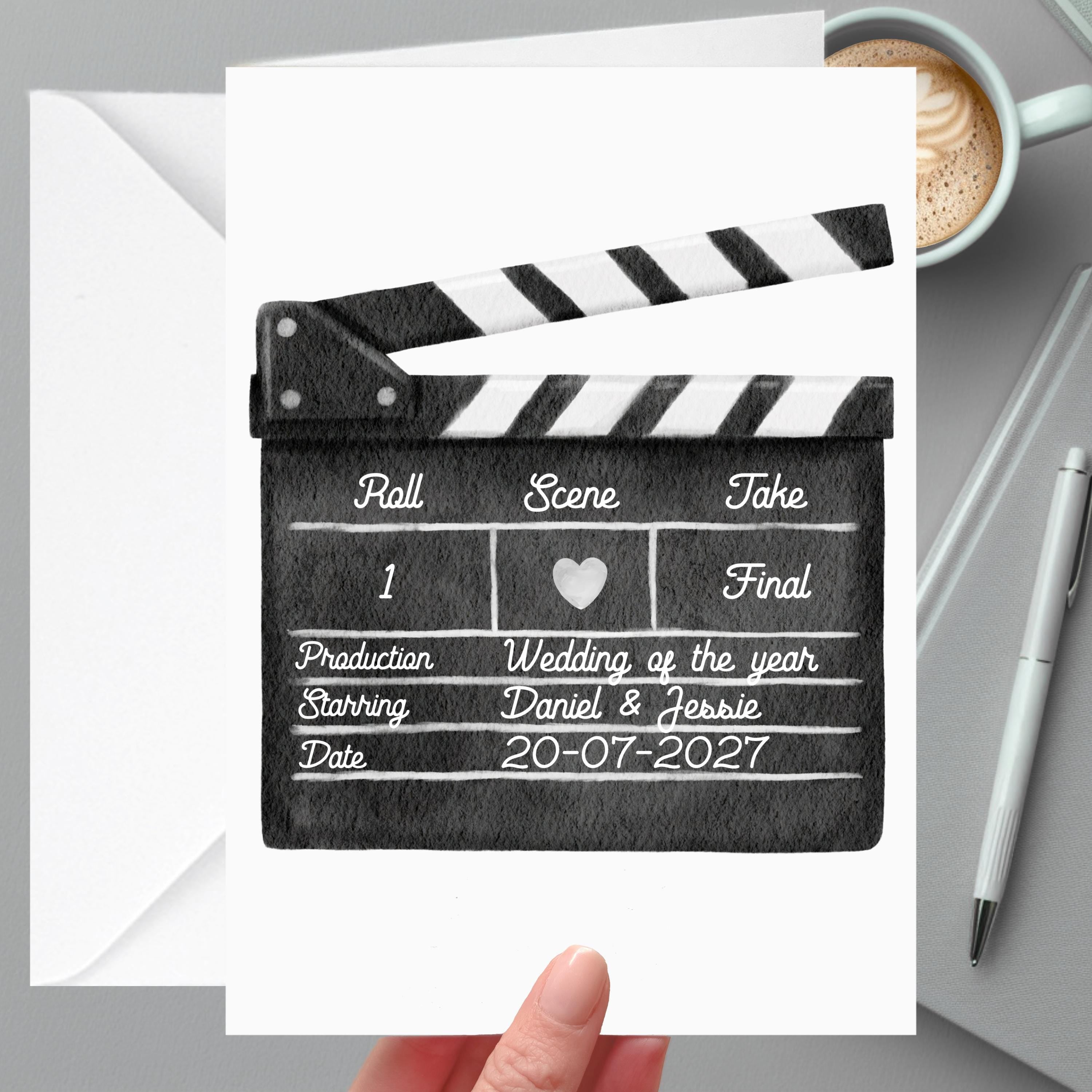 Clapper Board Wedding Card Personalised Movie Theatre Cinema Film