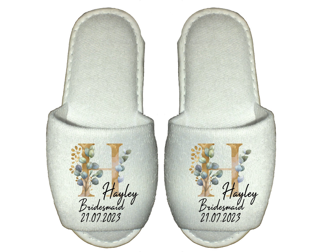 Personalised Bridal Party Spa Slippers – Eucalyptus Gold Green Monogram - Bridal Gifts & Bridesmaid Keepsakes