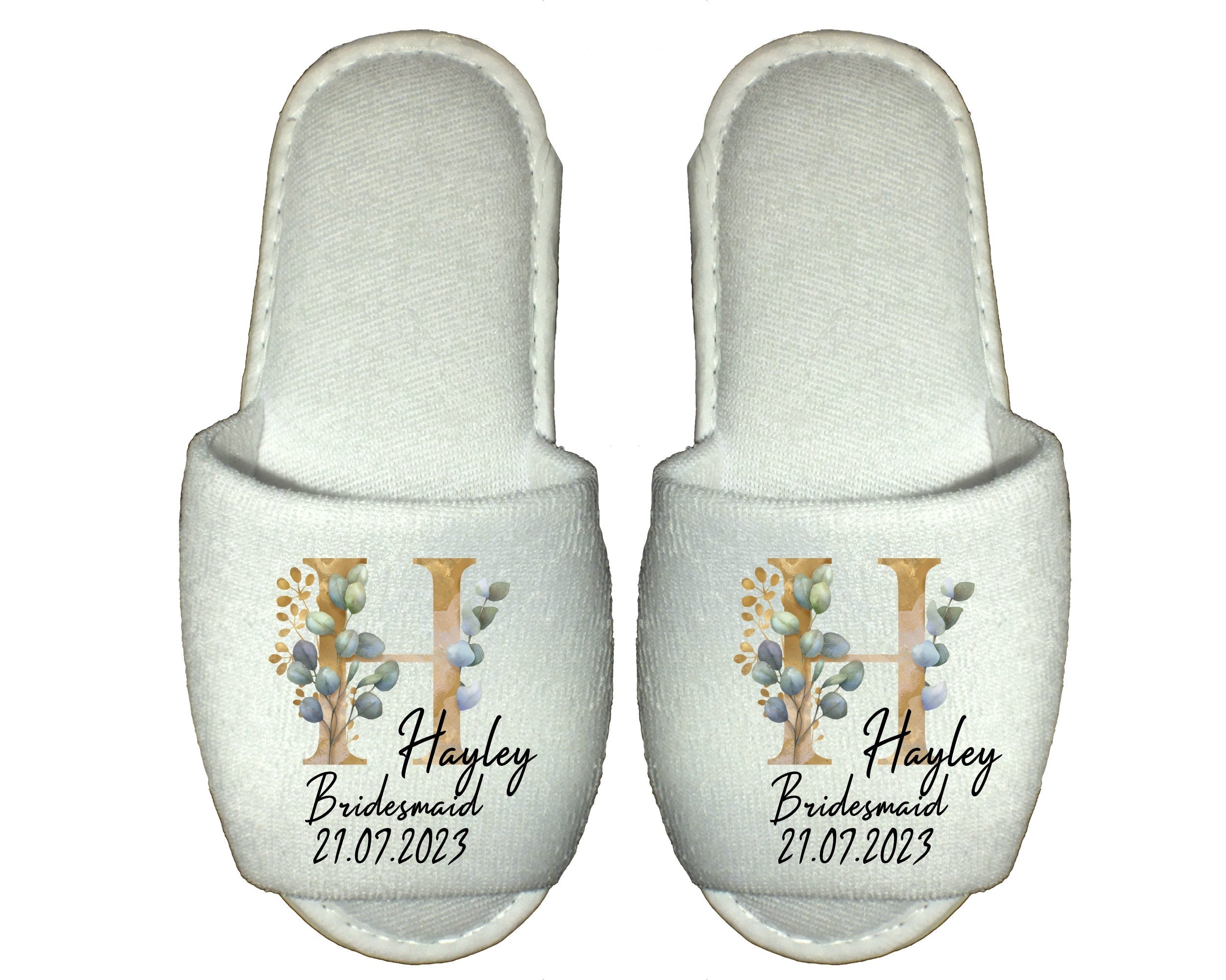 Personalised Bridal Party Spa Slippers – Eucalyptus Gold Green Monogram - Bridal Gifts & Bridesmaid Keepsakes