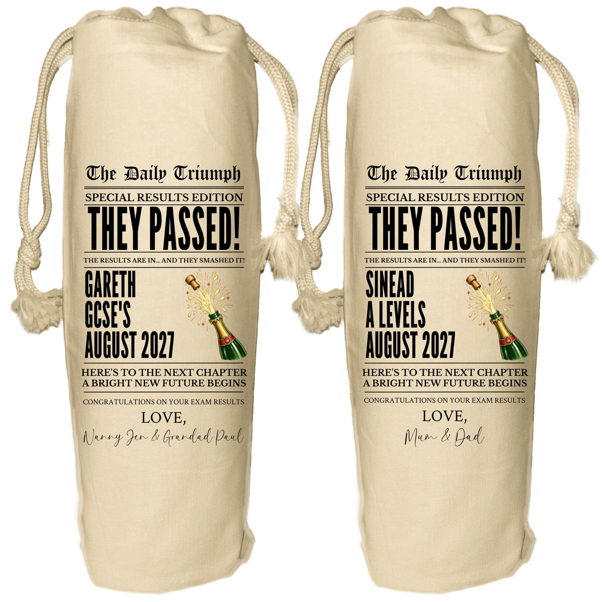 Exam Results Newspaper Wine Bag - personalised gift for A Level, GCSE, NVQ, BTEC, Apprenticeship