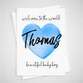New Baby Boy Card Blue Watercolour Heart Personalised Name