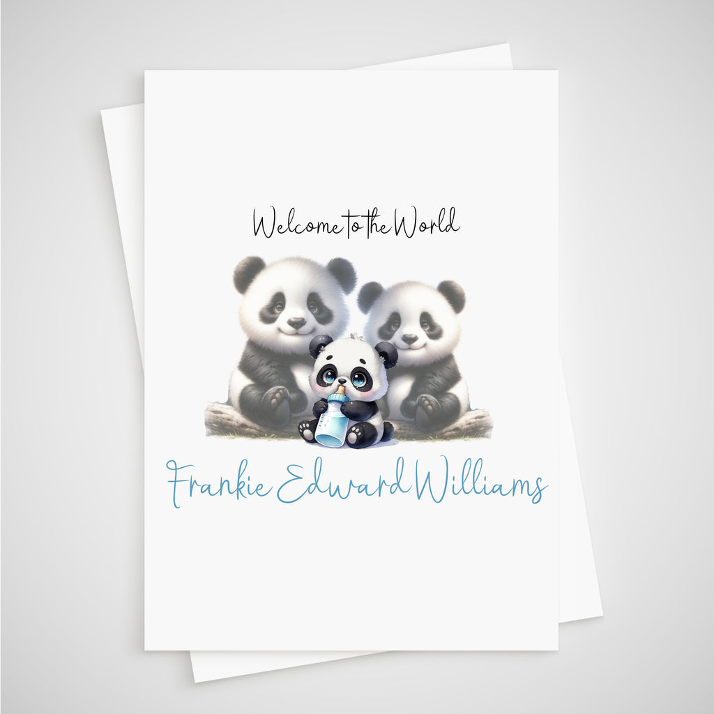 Panda Baby Card Boy Personalised Newborn Welcome to the World