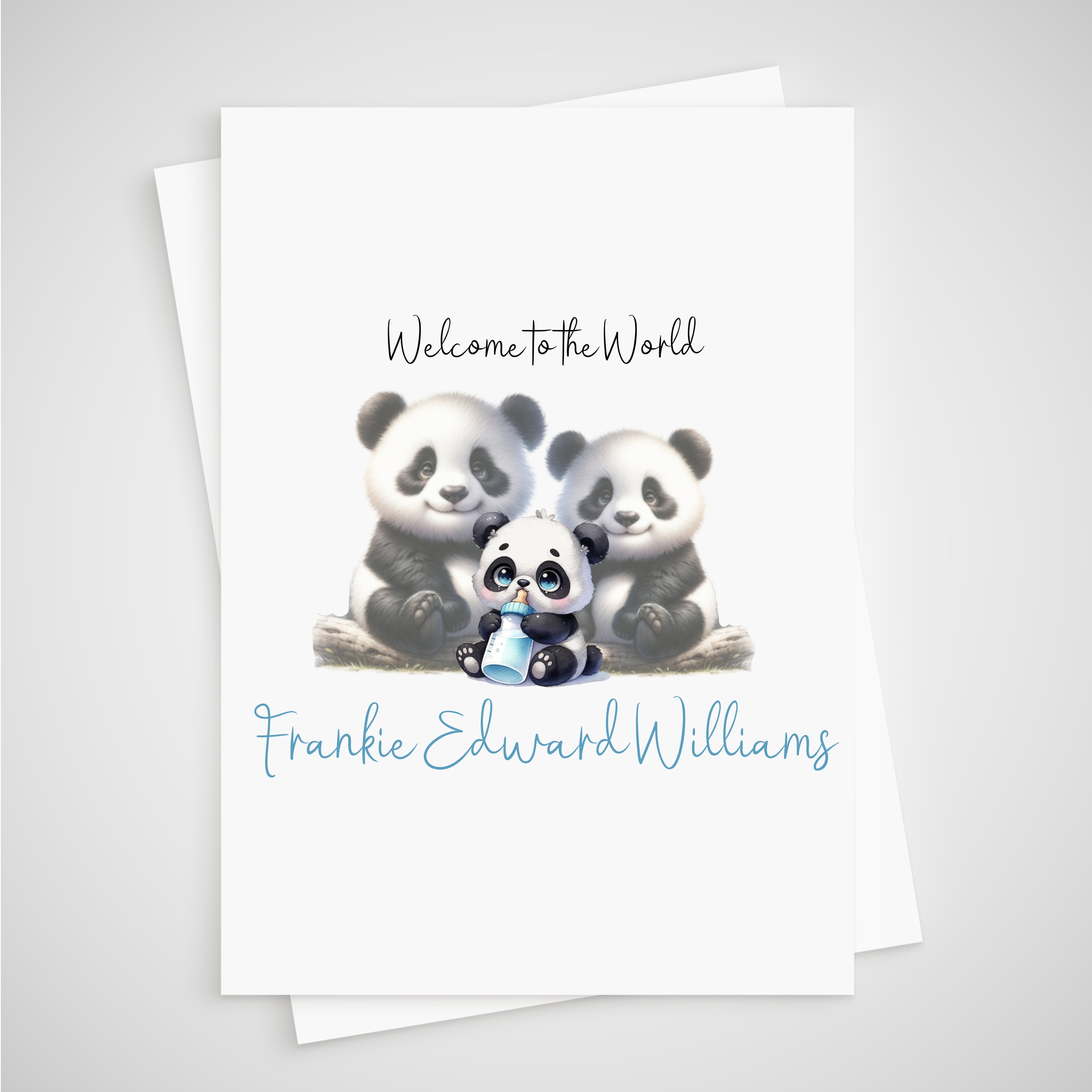 Panda Baby Card Boy Personalised Newborn Welcome to the World