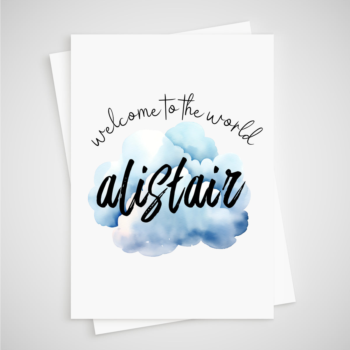 New Baby Boy Card Blue Watercolour Cloud Personalised Name