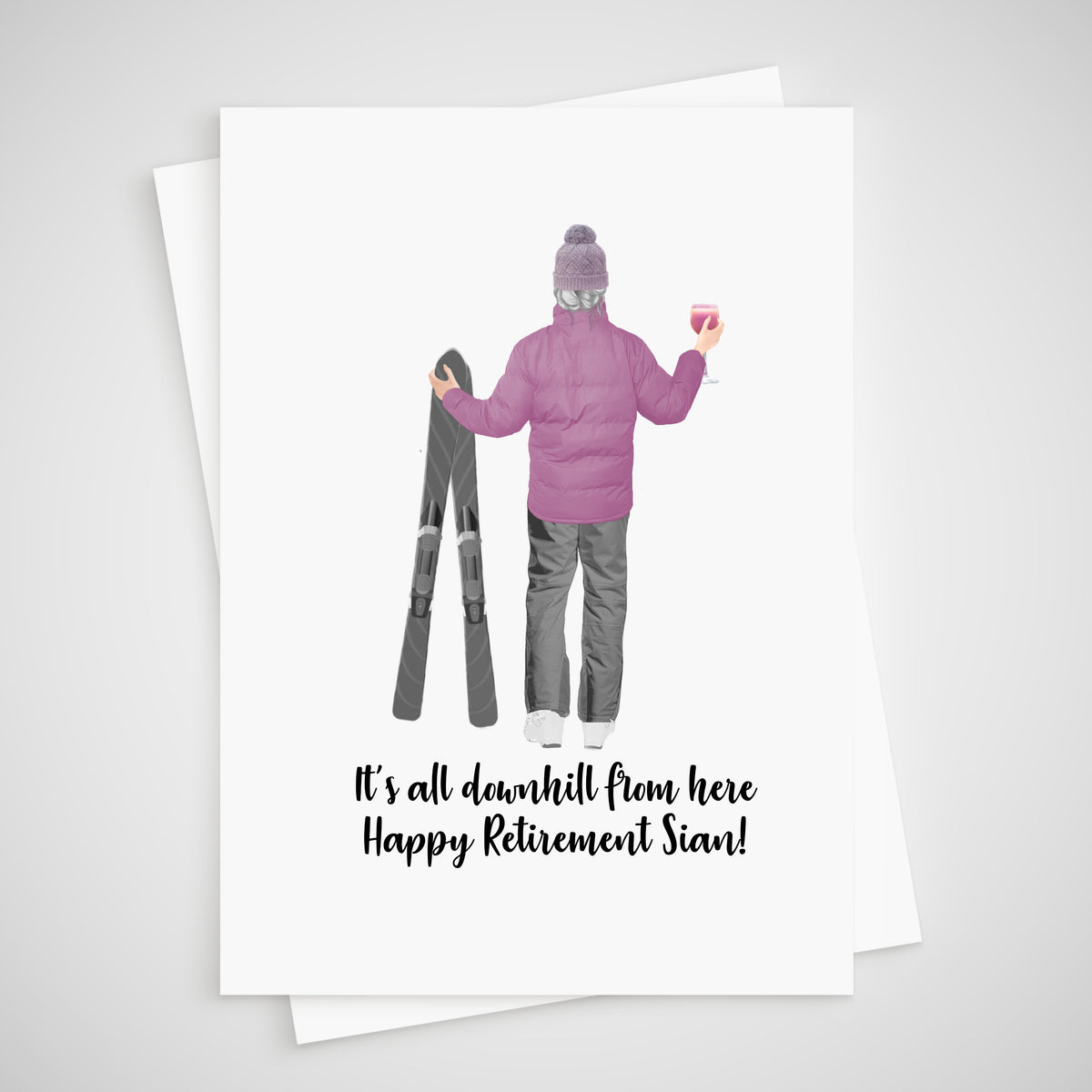 Ski Retirement Card Personalised We'll miss you Female - all downhill from here
