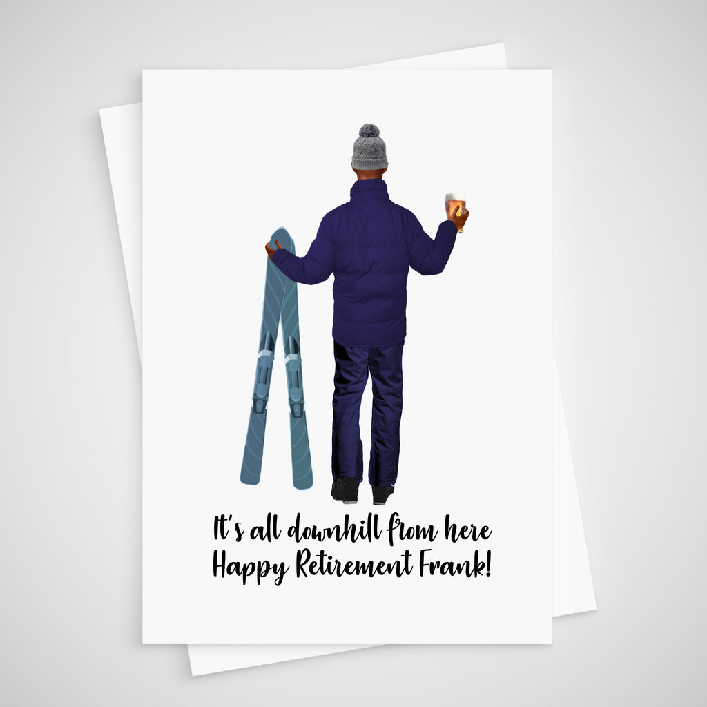 Ski Retirement Card Personalised We'll miss you Male - all downhill from here