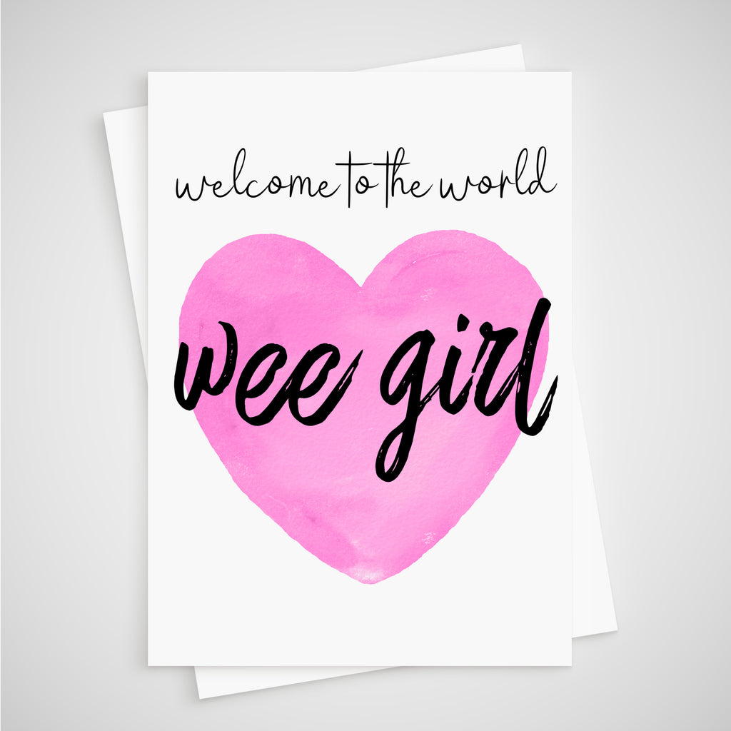 Wee Girl New Baby Girl Card Pink Watercolour Heart - Scottish Irish
