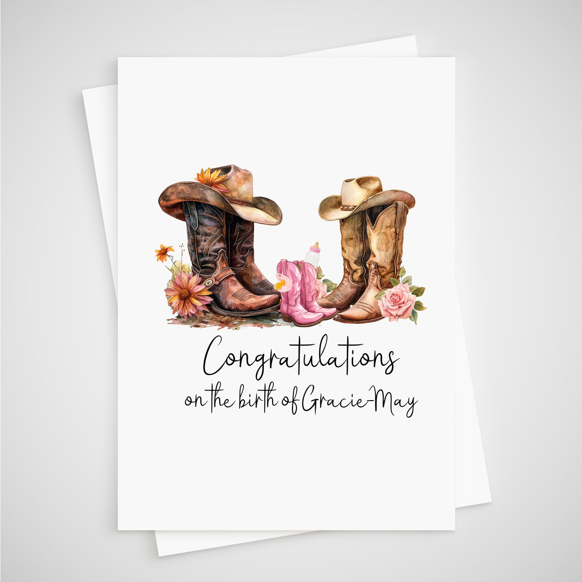 Cowgirl Baby Card Personalised Cowboy Boots Theme Girl Newborn Birth Congratulations