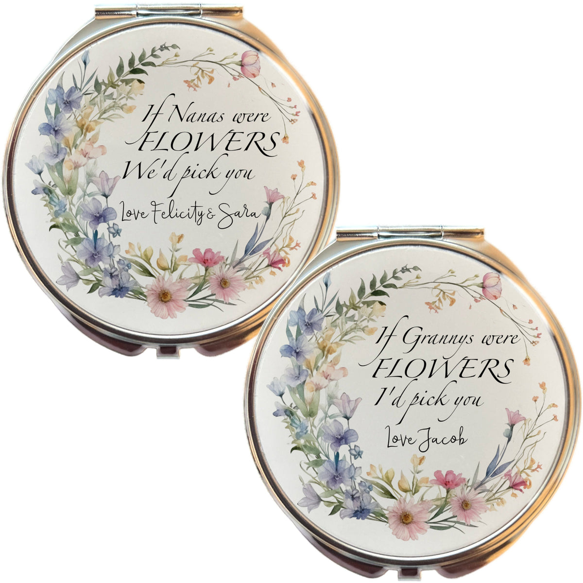 Personalised Compact Mirror for Nanny | Nan Grandma Flower Keepsake handbag mirror