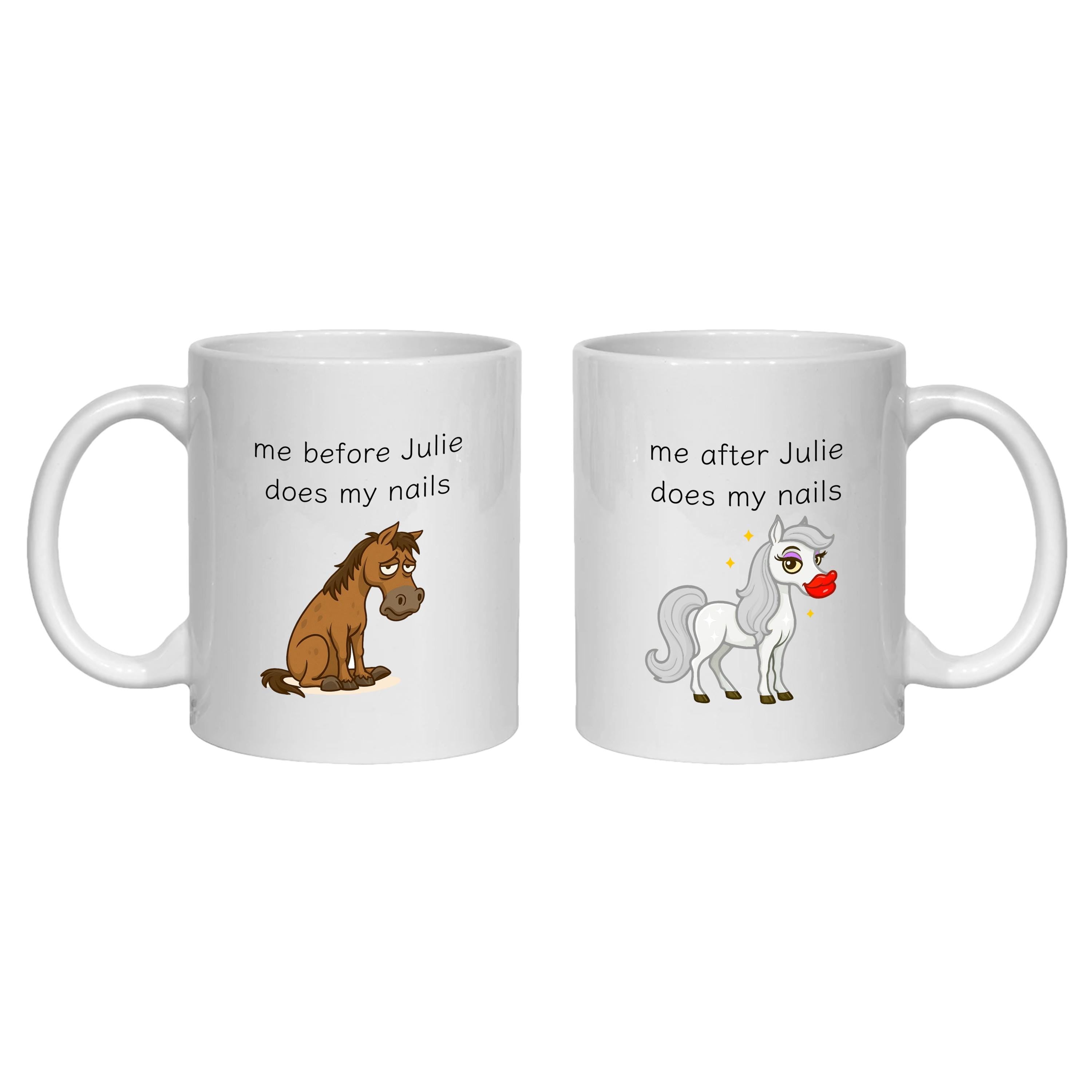Personalised Manicurist Mug for Nail Tech, Before and After, Horse mermaid