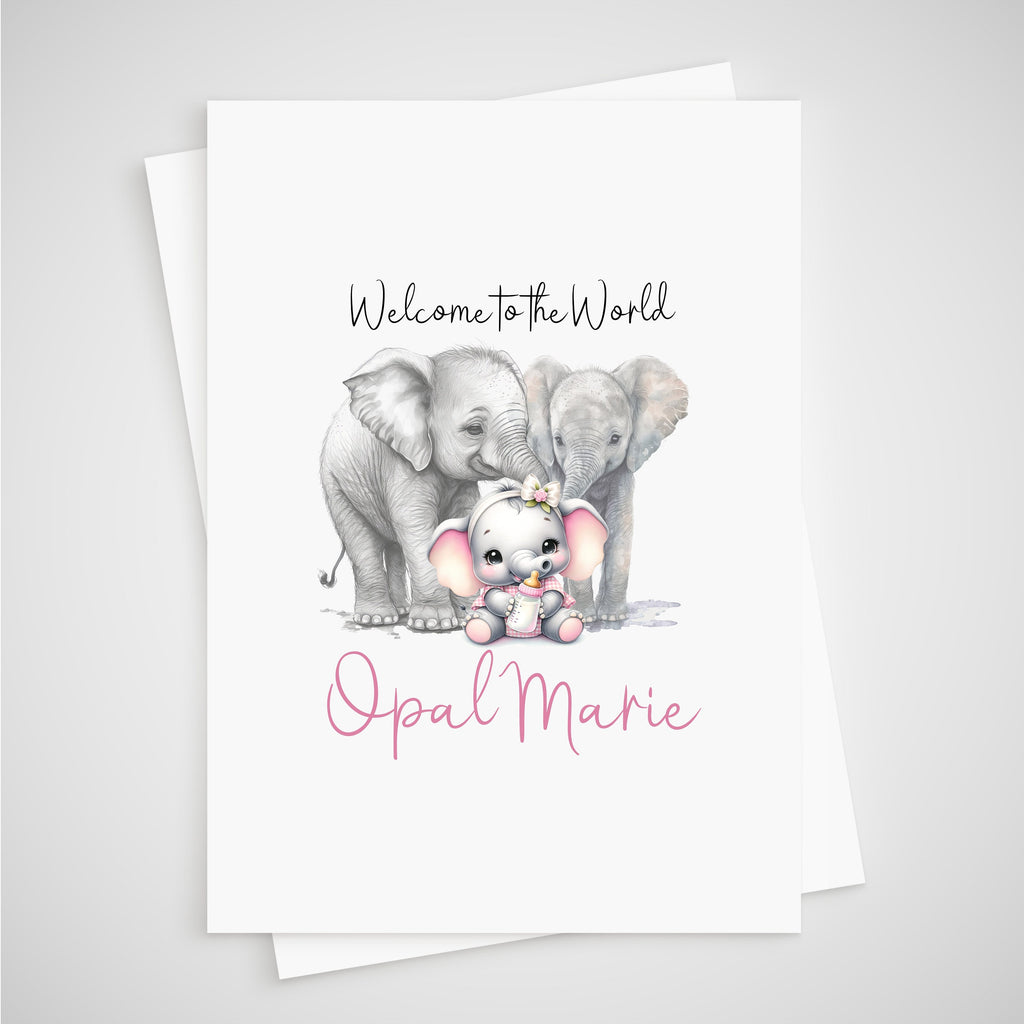 Elephant Baby Card Personalised Girl Newborn Welcome to the World