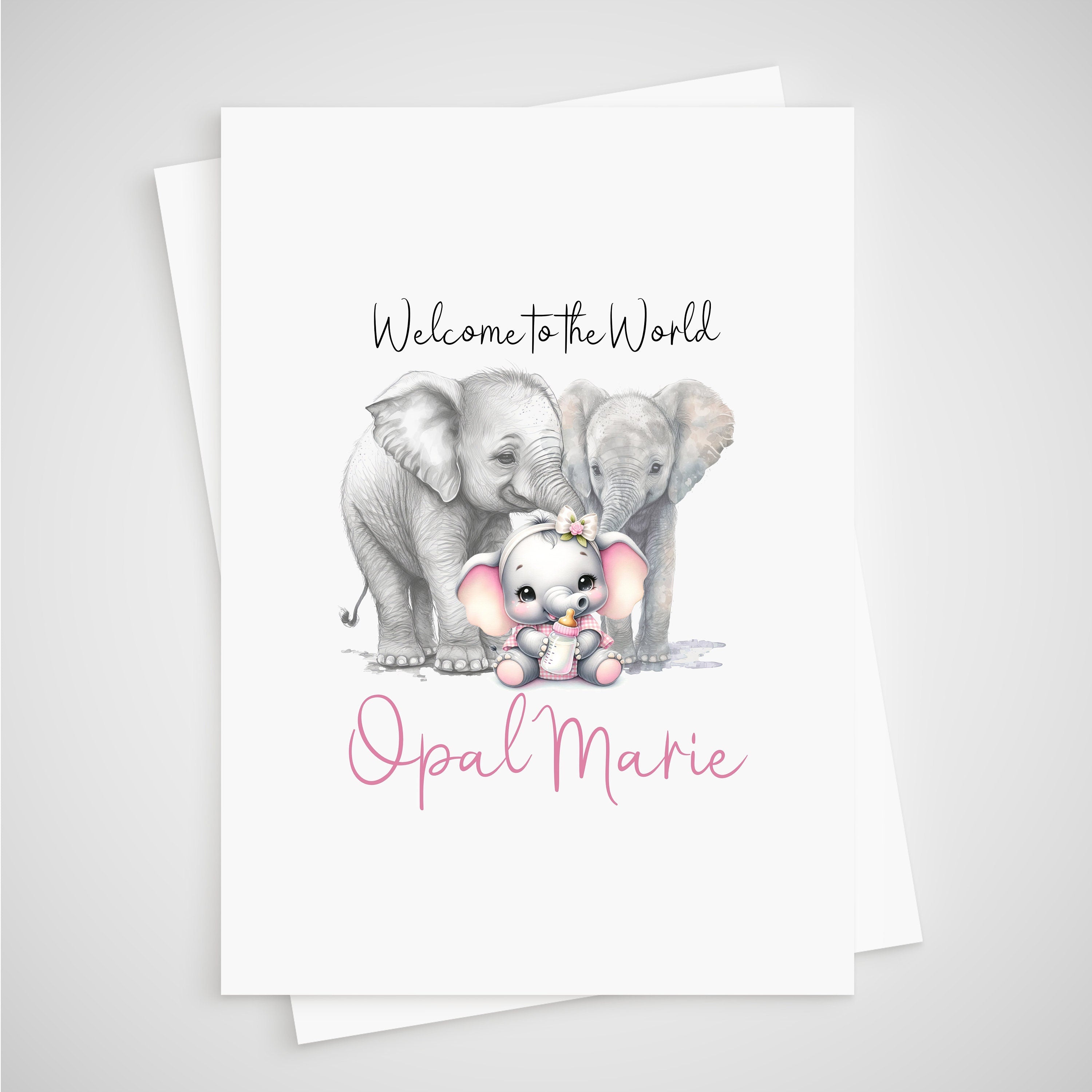 Elephant Baby Card Personalised Girl Newborn Welcome to the World