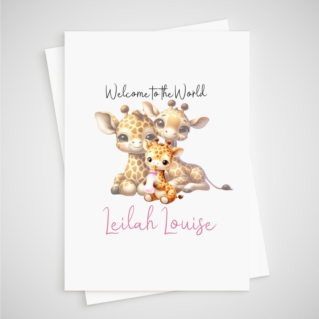 Giraffe Baby Card Personalised Girl Newborn Welcome to the World