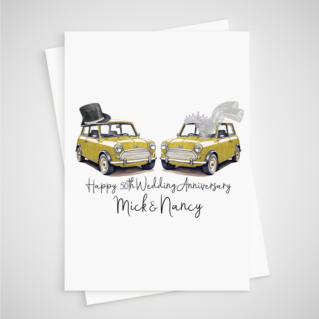 Mini 50th Anniversary Card Personalised Cooper Golden Car Bride Groom
