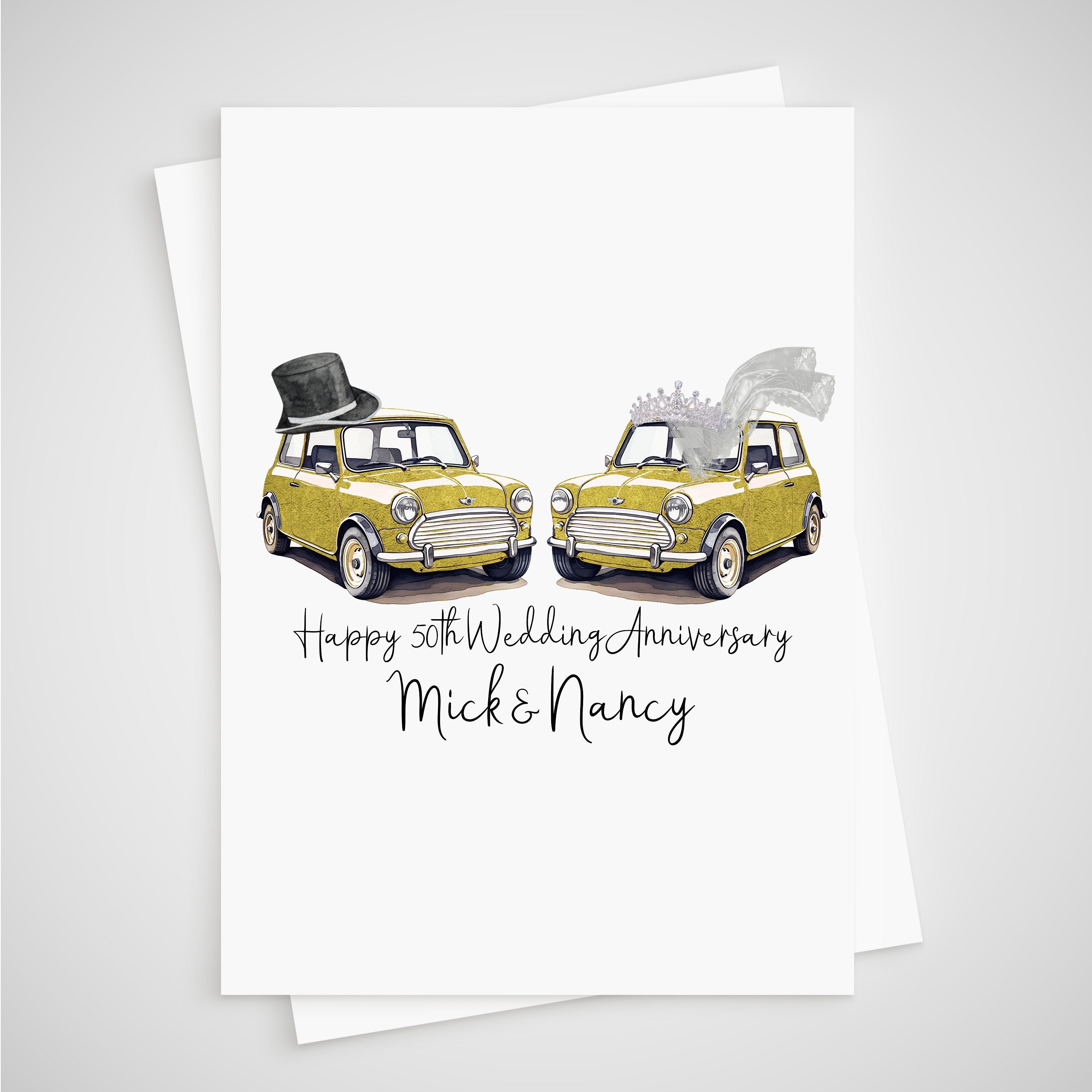 Mini 50th Anniversary Card Personalised Cooper Golden Car Bride Groom