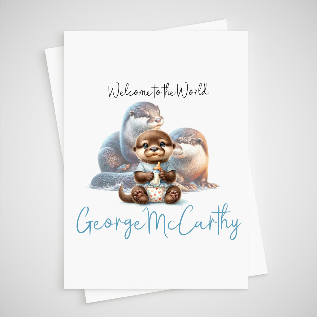 Otter Baby Boy Card Personalised  Newborn Welcome to the World