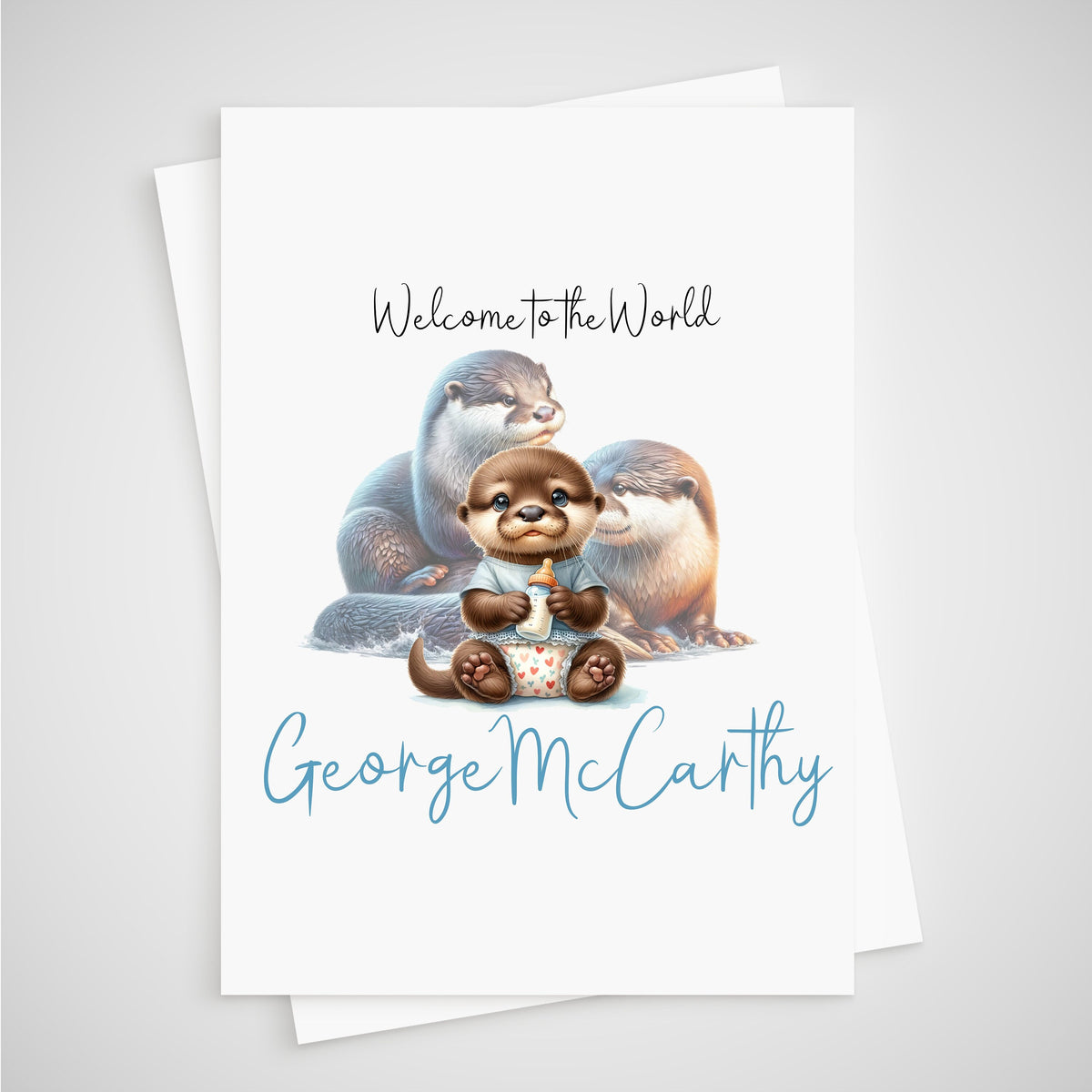 Otter Baby Boy Card Personalised  Newborn Welcome to the World