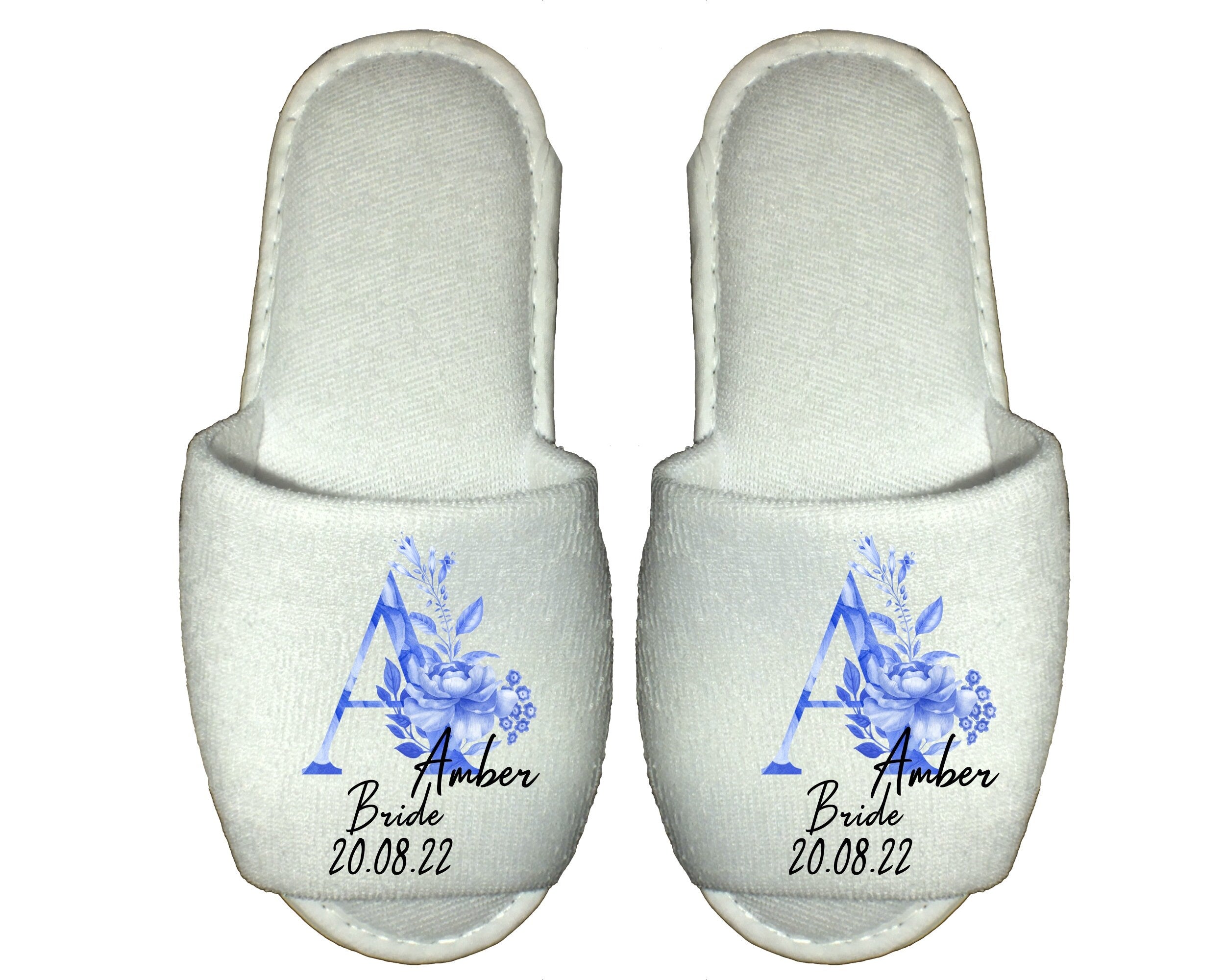 Personalised Spa Slippers Blue Porcelain Monogram Vintage Ornate Wedding Bride Bridesmaid