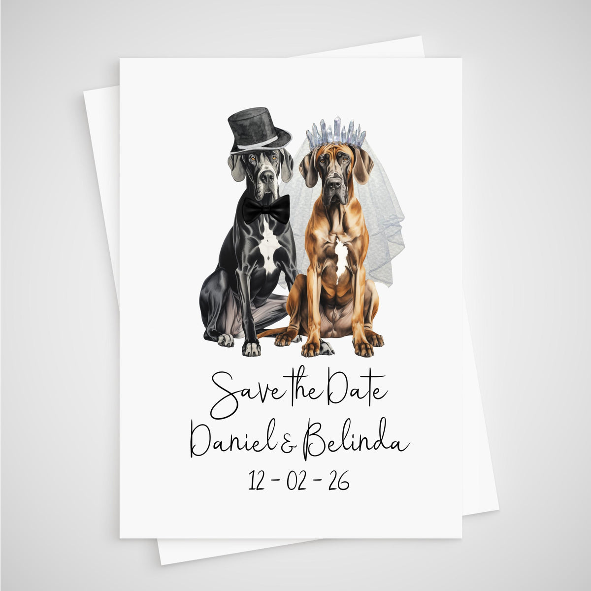 Personalized Dog Wedding Save the Date Card - border collie, dachshund, french bulldog, great dane, alsatian, golden retriever, greyhound, border terrier.