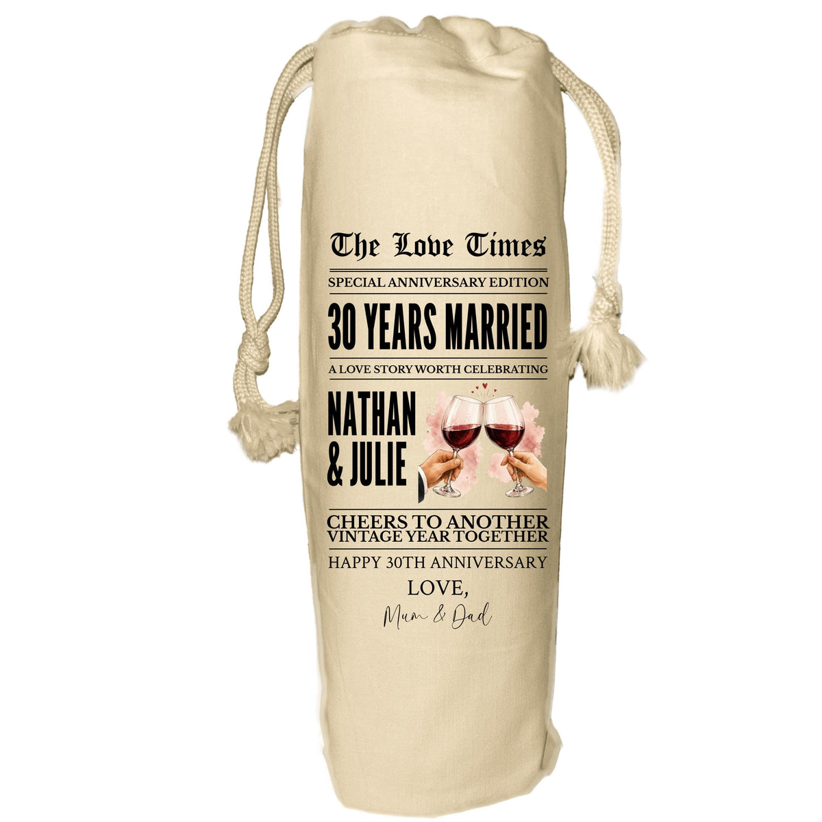 30 year anniversary personalised wine gift bag newspaper - pearl Wedding Anniversary