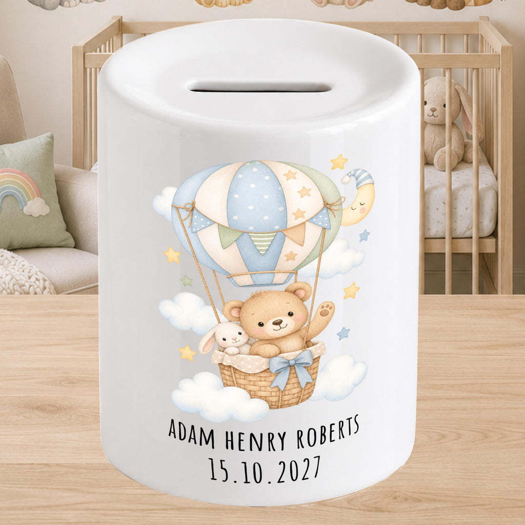 Personalised Baby Money Box Hot air balloon - New baby Savings piggy bank - gift for newborn - green, pink, yellow, blue