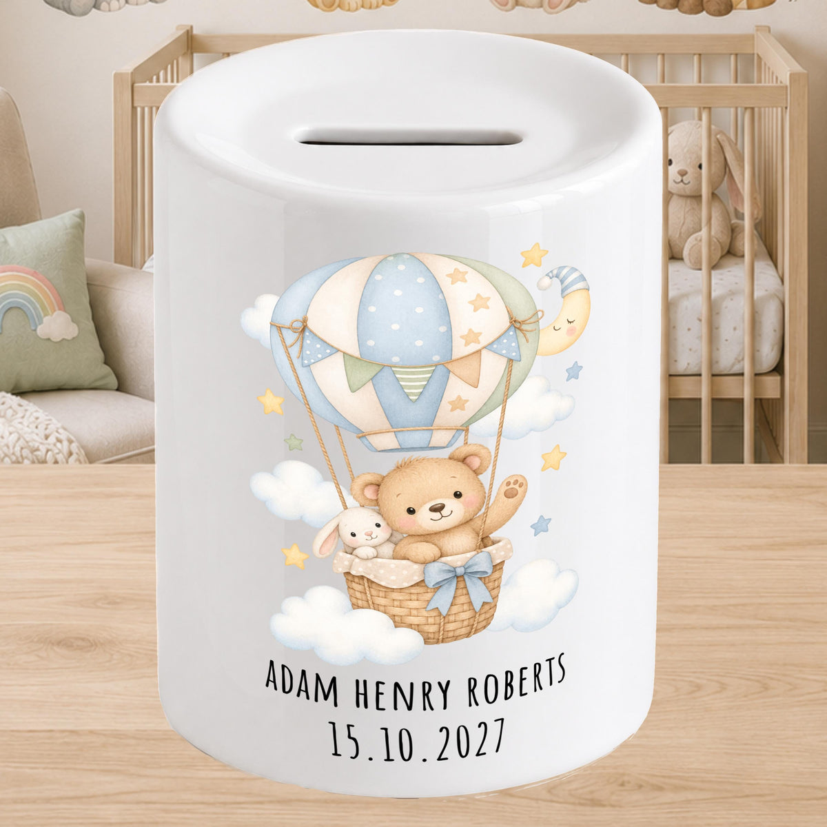 Personalised Baby Money Box Hot air balloon - New baby Savings piggy bank - gift for newborn - green, pink, yellow, blue