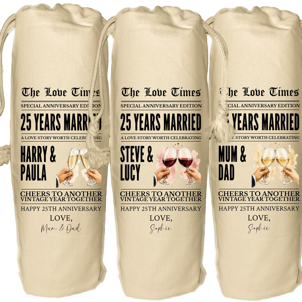 25 year anniversary personalised wine gift bag newspaper - Silver Wedding Anniversary