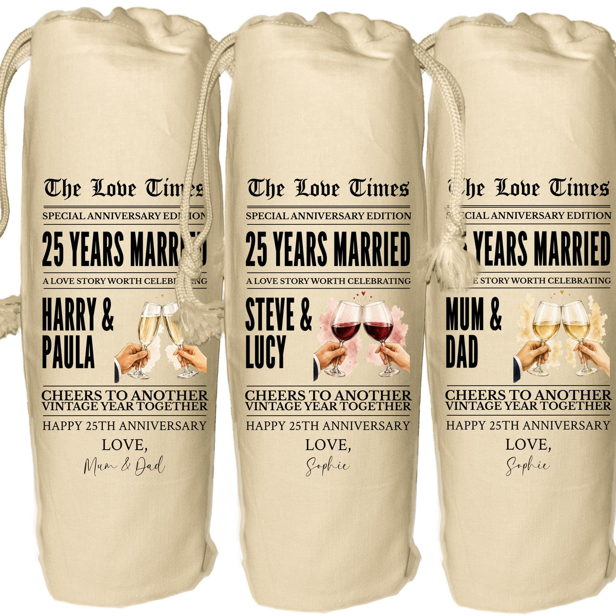 25 year anniversary personalised wine gift bag newspaper - Silver Wedding Anniversary