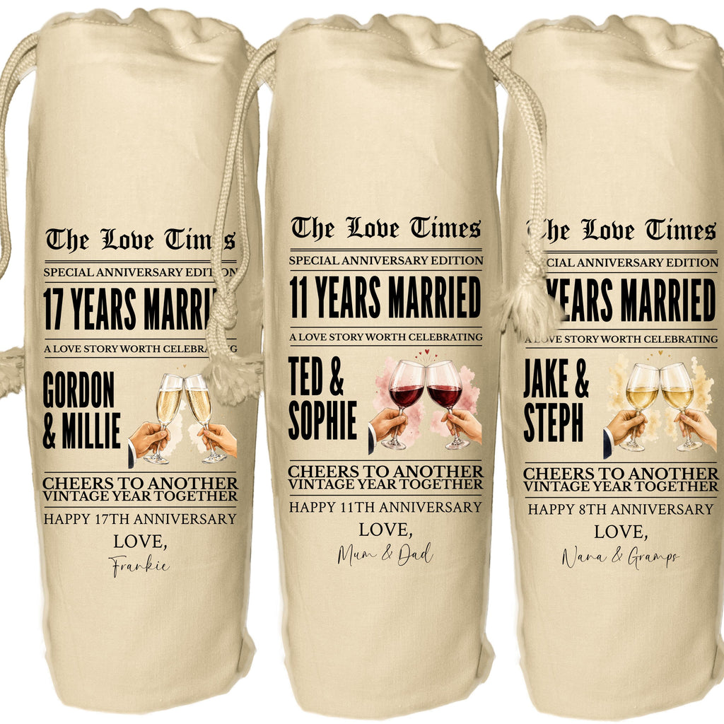Any year anniversary personalised wine gift bag newspaper