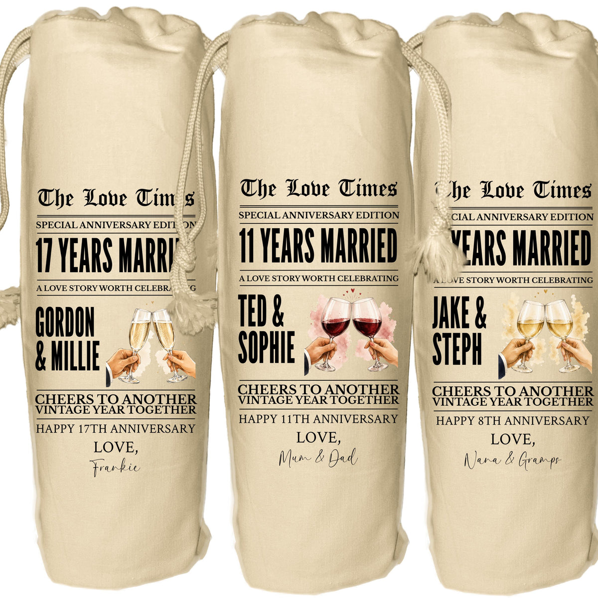 Any year anniversary personalised wine gift bag newspaper