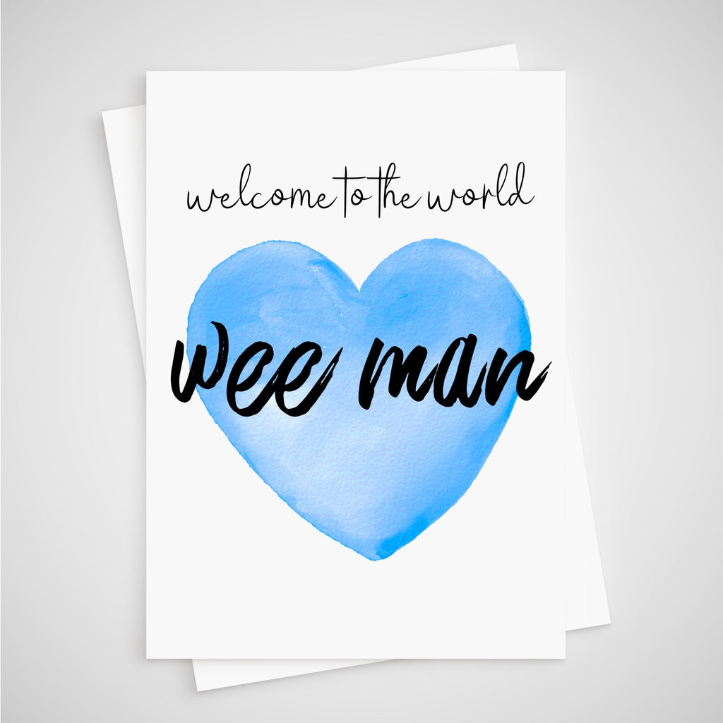 Wee Man New Baby Boy Card Blue Watercolour Heart - Scottish Irish