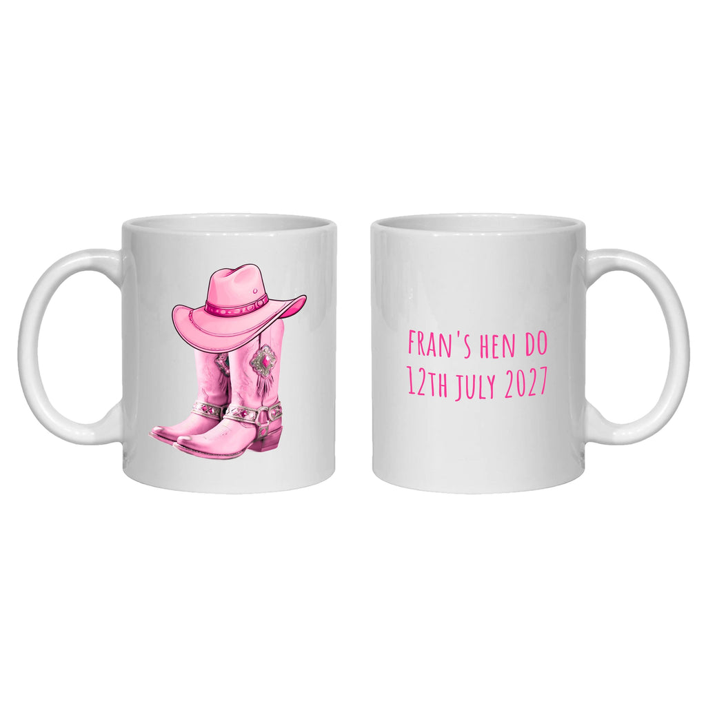 Personalized Cowgirl Mug, Cowboy Boots, Hen party, bachelorette, pink