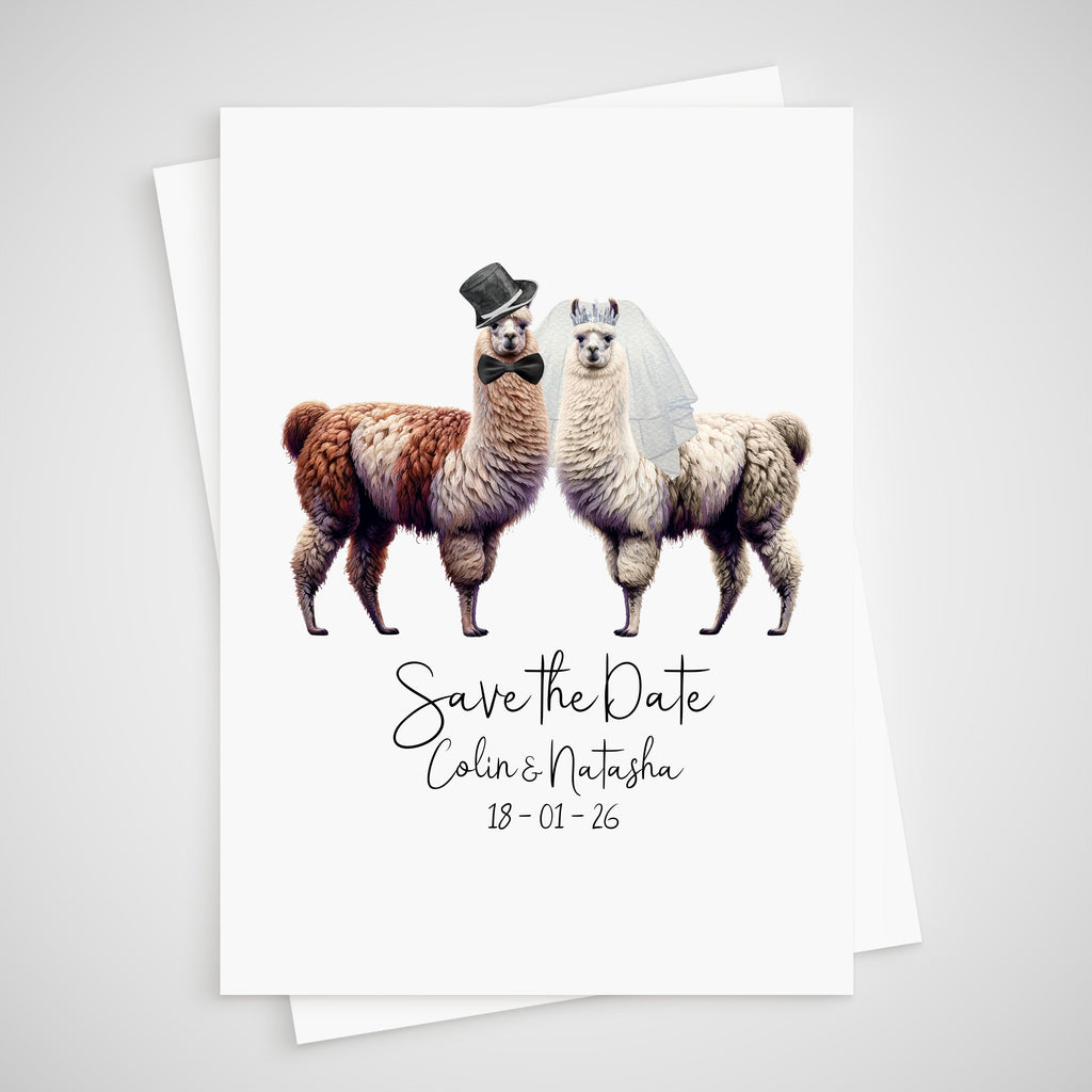 Save the Date Llama Wedding Card Personalised Bride & Groom Alpaca