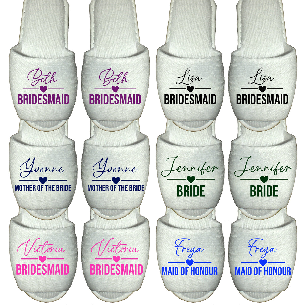 Bridesmaid & Bride Spa Slippers Personalised Flip Flops Pink Green Blue Purple