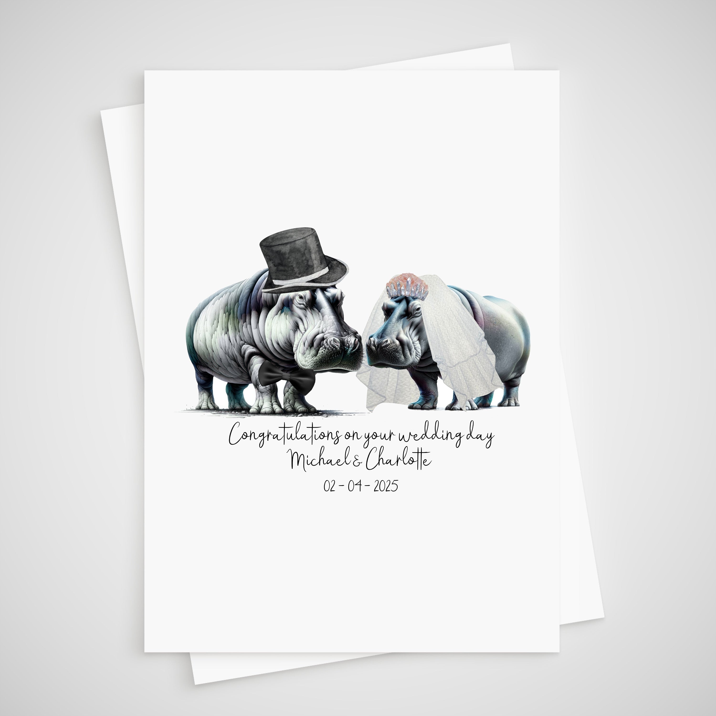 Hippopotamus Wedding Card Personalised Bride & Groom Hippo
