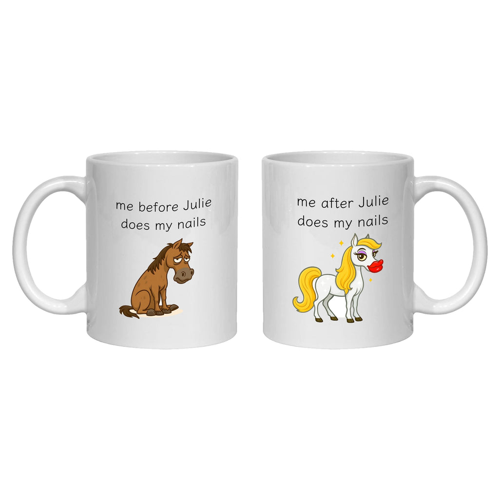 Personalised Manicurist Mug for Nail Tech, Before and After, Horse mermaid