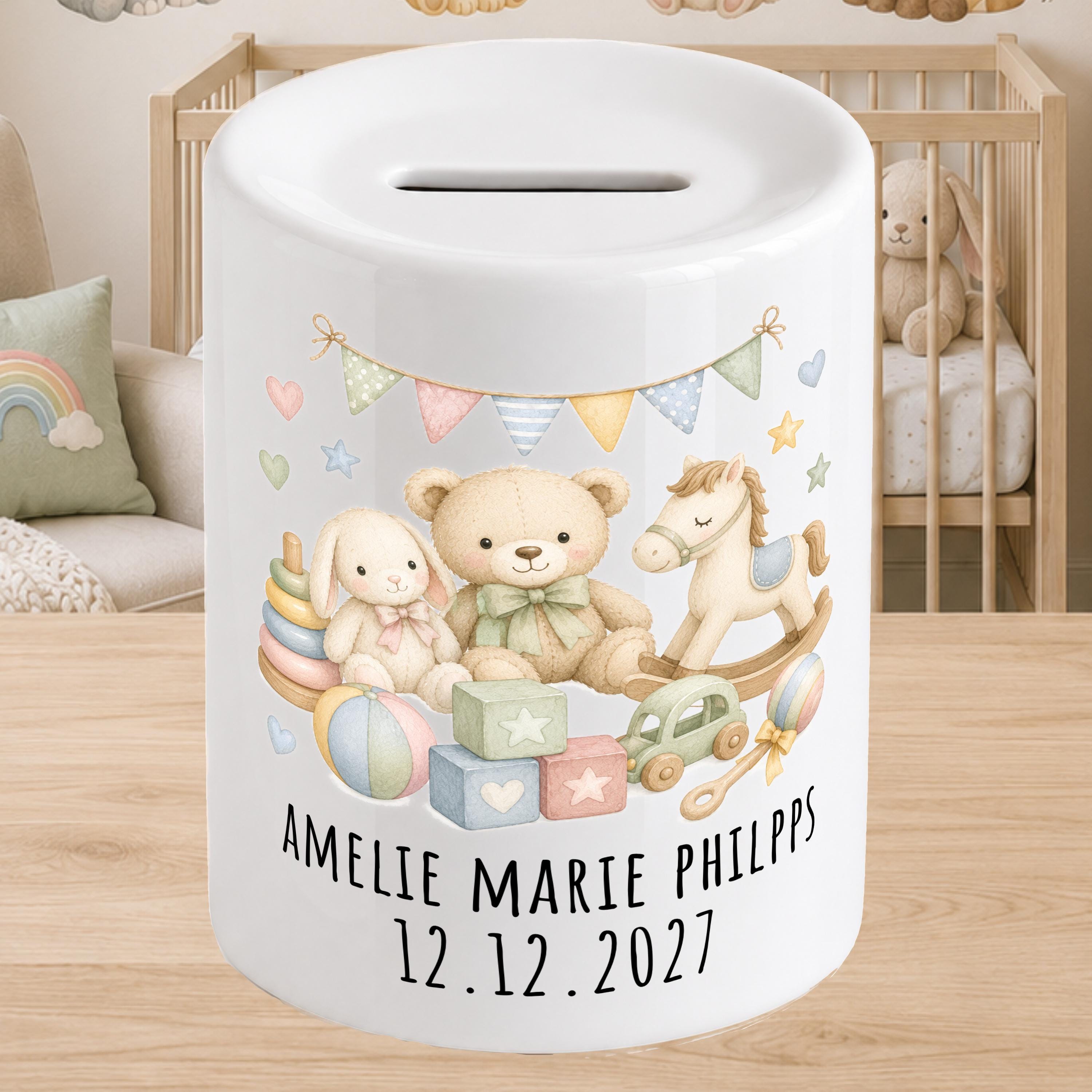 Personalised Baby Money Box Toys - New baby Savings piggy bank - gift for newborn