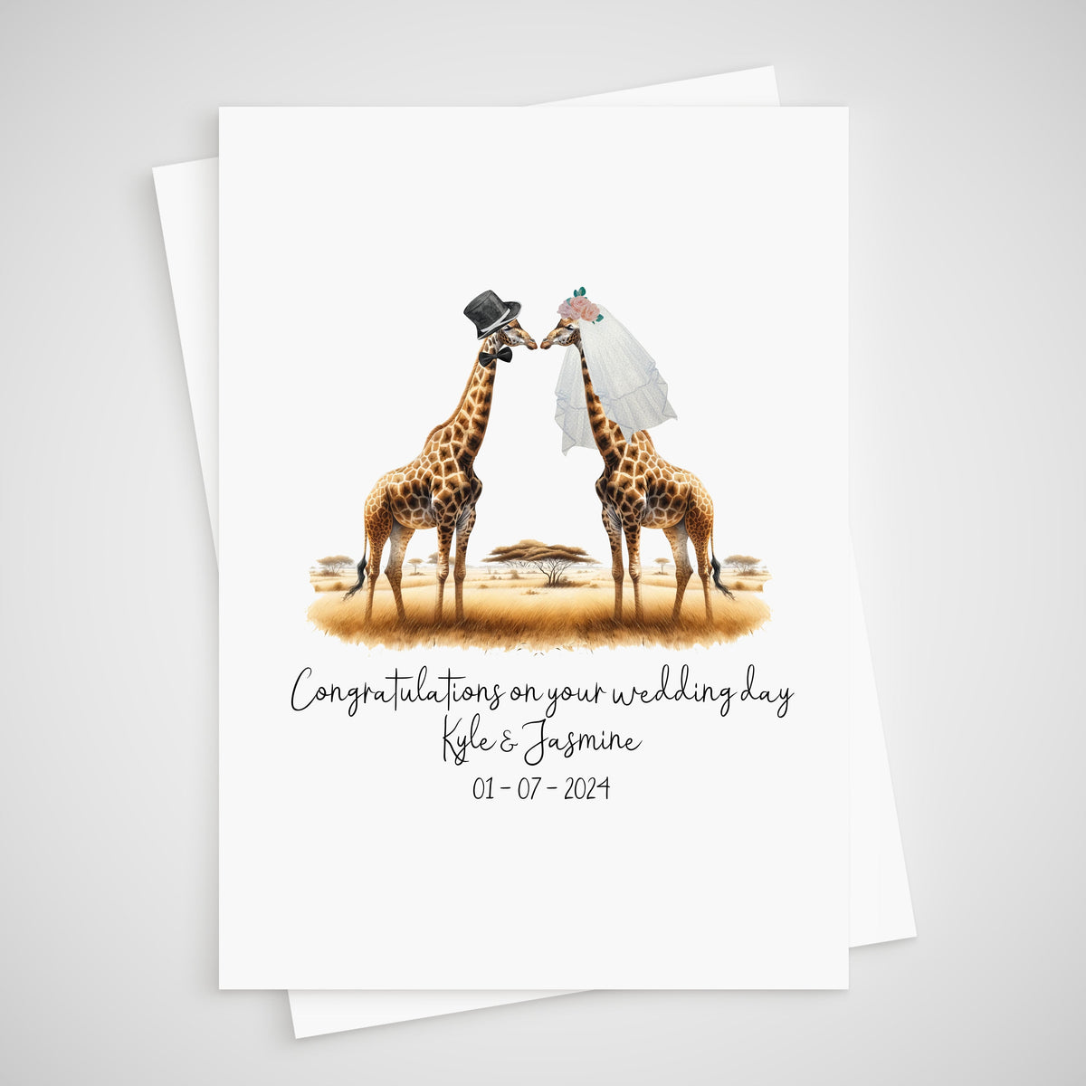 Giraffe Wedding Card Personalised Bride & Groom Safari
