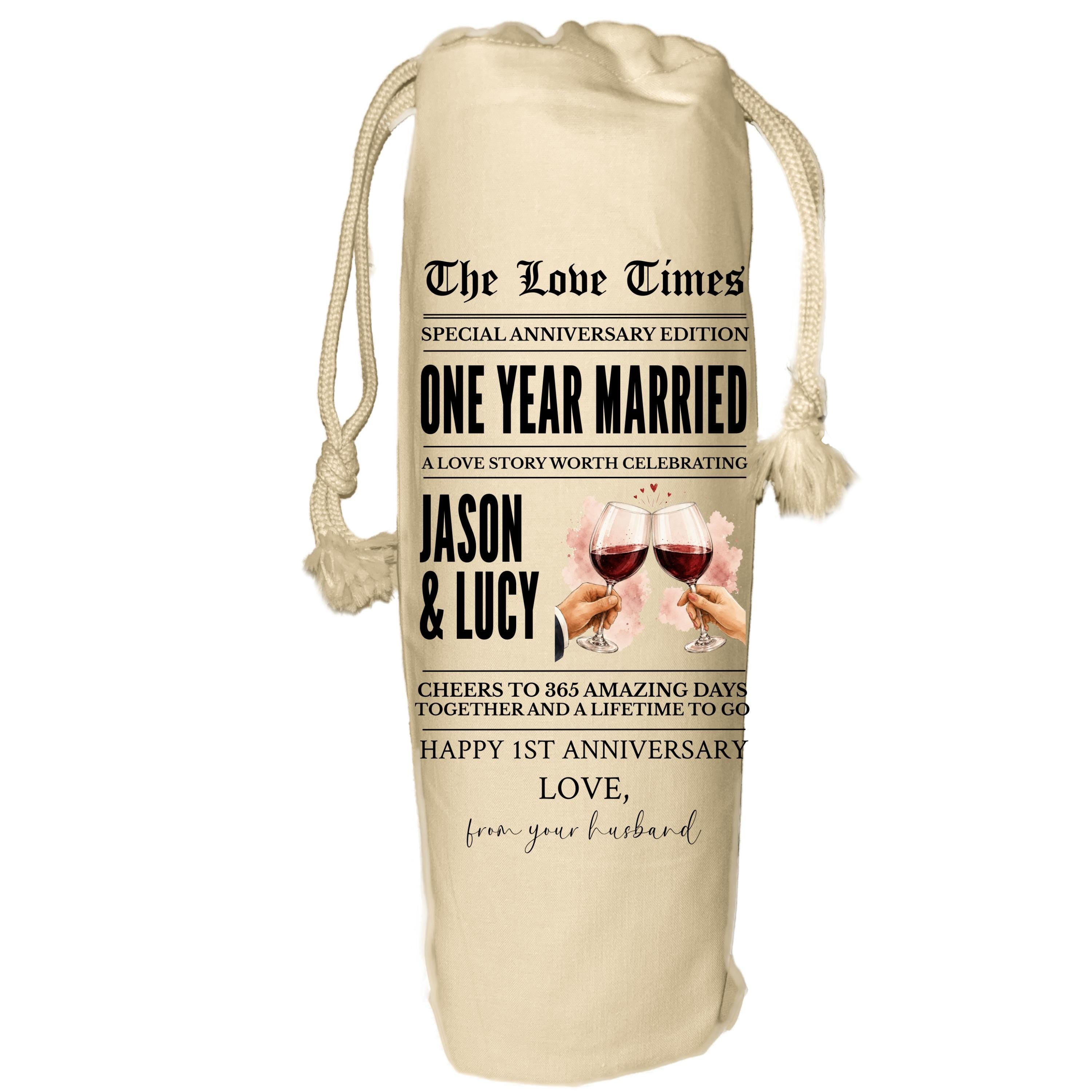 1 year anniversary personalised wine gift bag paper newspaper champagne prosecco