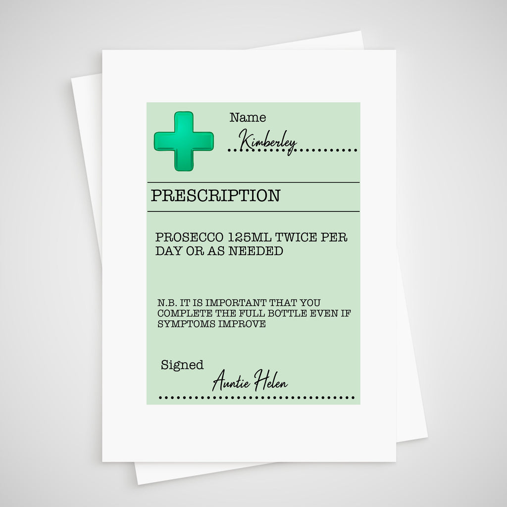 Prescription Card for Prosecco Personalised Get Well Soon