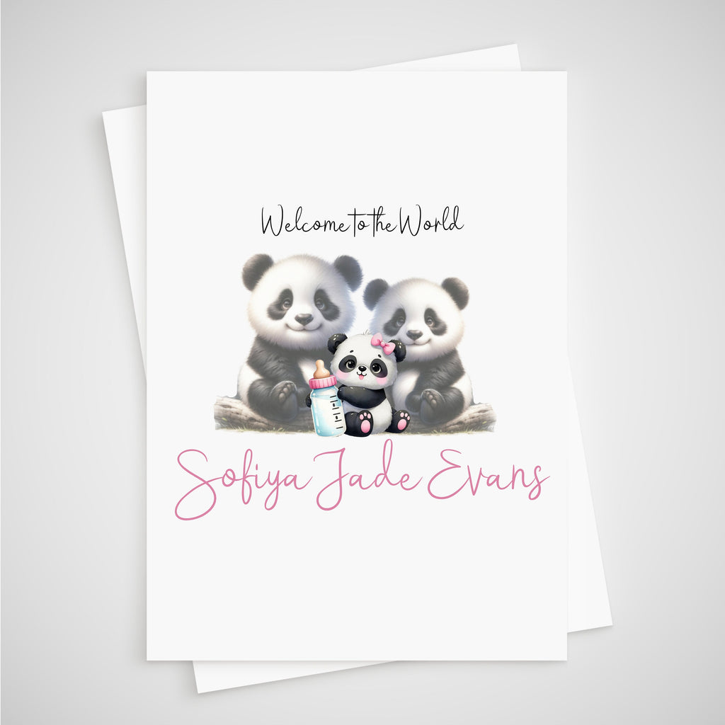 Panda Baby Card Girl Personalised Newborn Welcome to the World