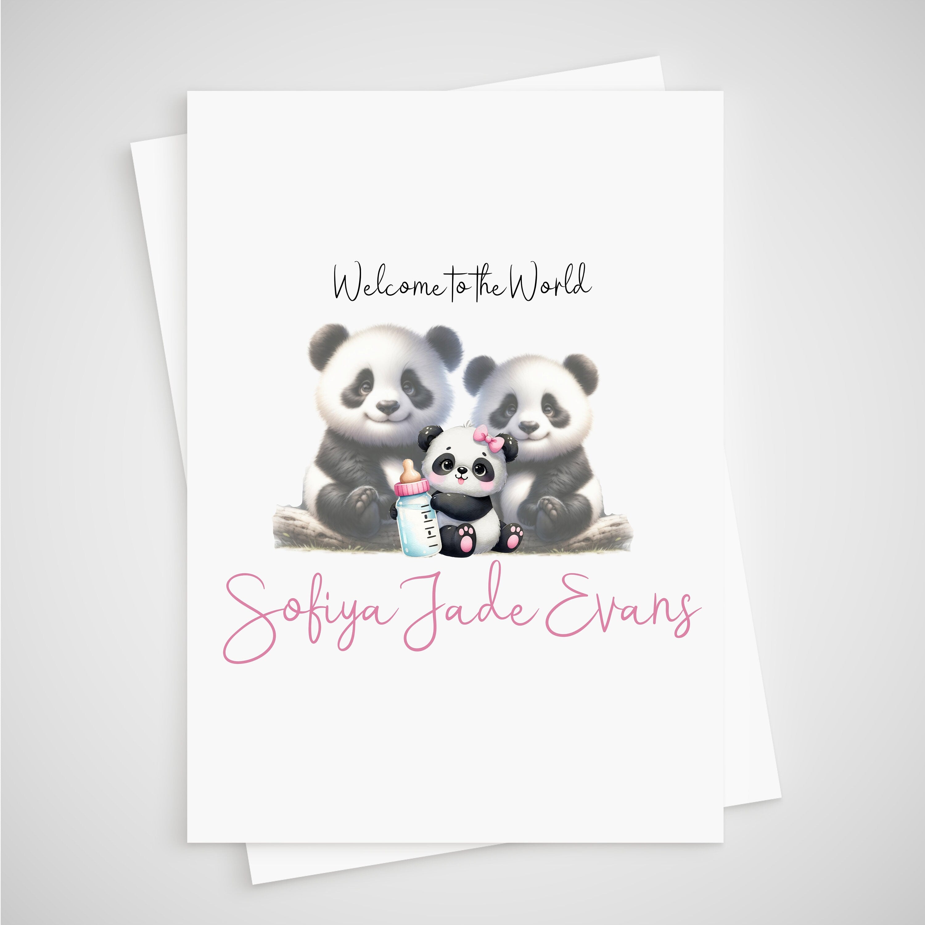 Panda Baby Card Girl Personalised Newborn Welcome to the World