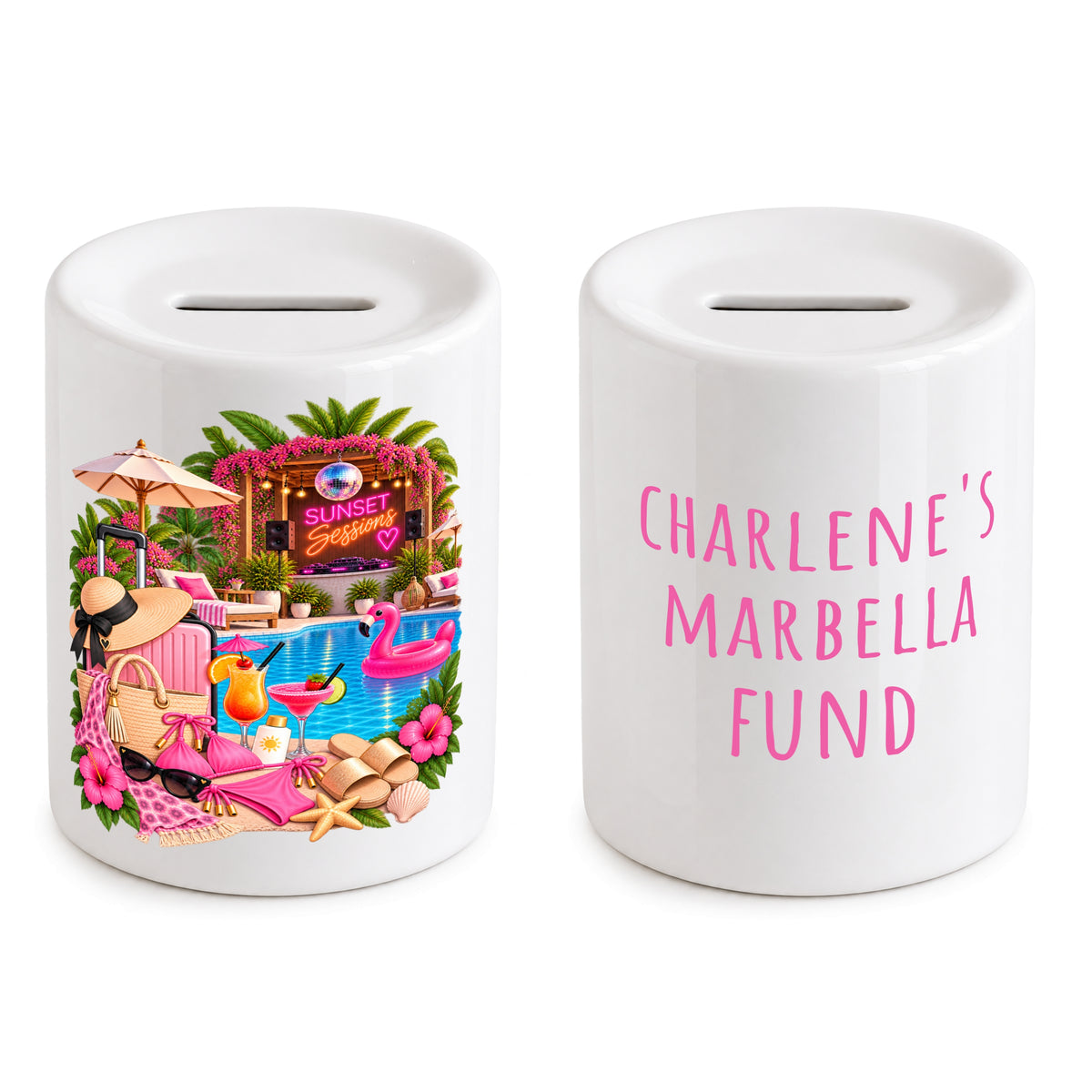 Personalised Party Holiday Fund Money Box Gift for Her Beach Ibiza Marbella
