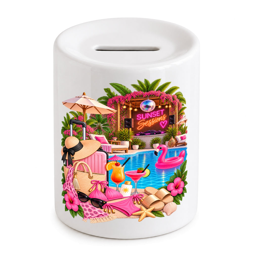 Personalised Party Holiday Fund Money Box Gift for Her Beach Ibiza Marbella