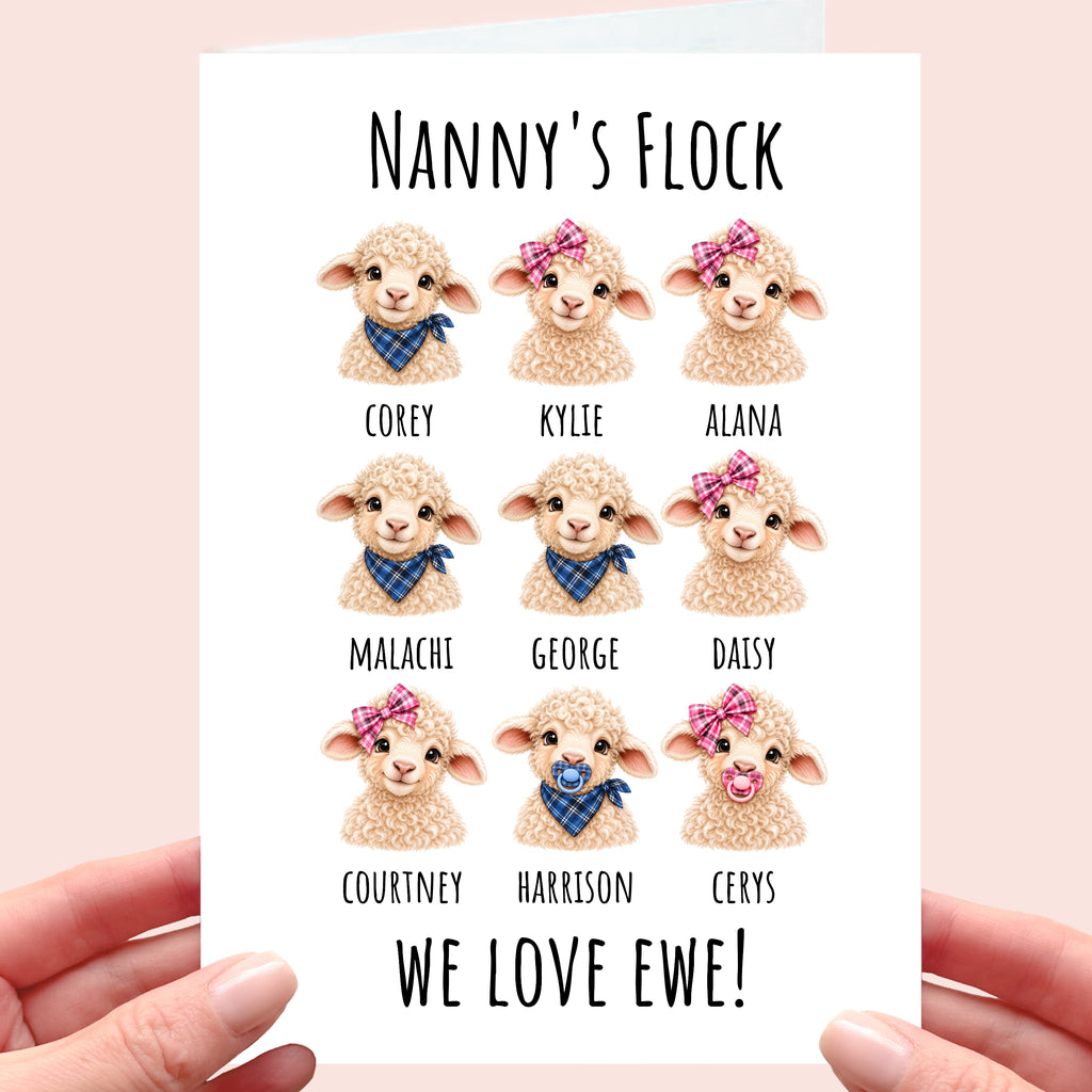 Nanny's Flock Card - personalised sheep for grandma - card from grandkids lamb