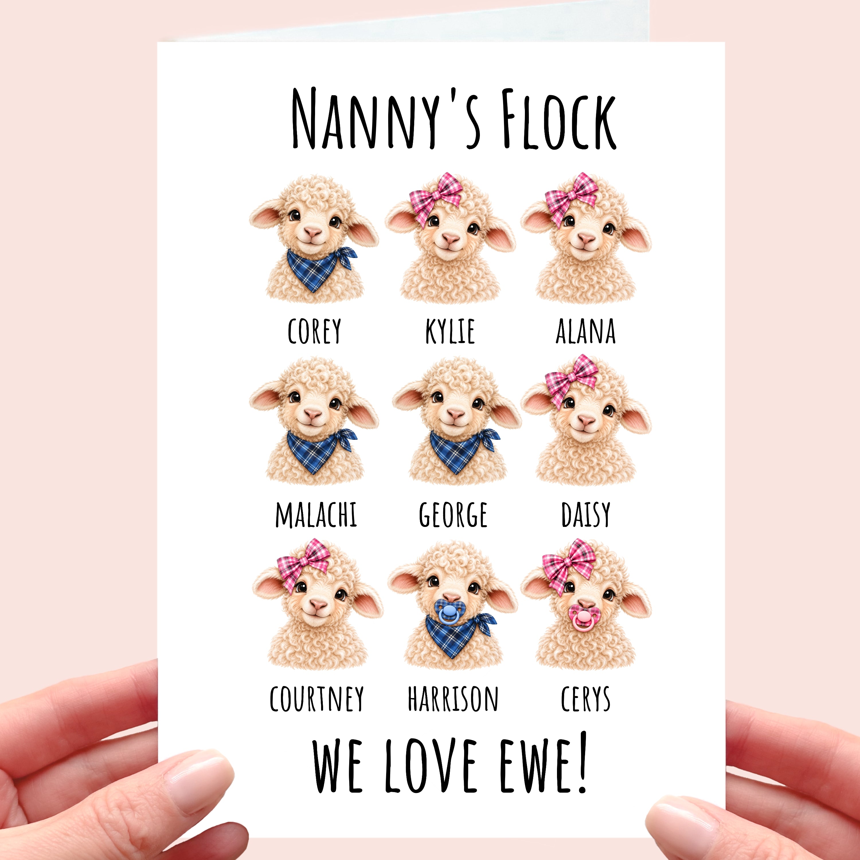 Nanny's Flock Card - personalised sheep for grandma - card from grandkids lamb