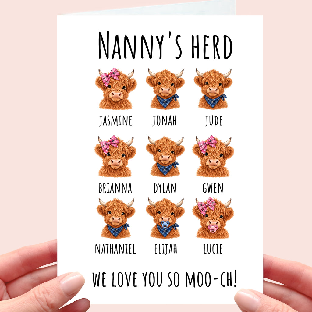 Nanny's Herd Card - personalised highland cow for grandma - card from grandkids