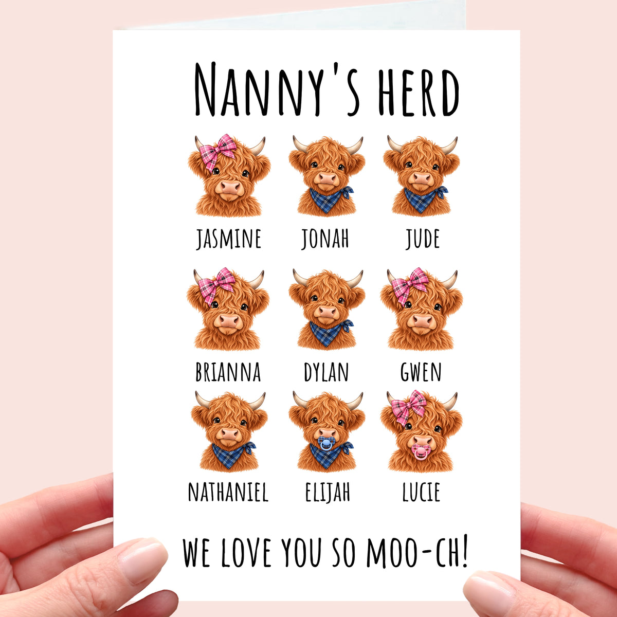 Nanny's Herd Card - personalised highland cow for grandma - card from grandkids